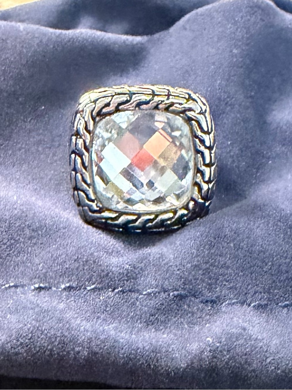 Crystal Cushion Statement Ring — Clear Stone with Silver Frame. SIZE 8